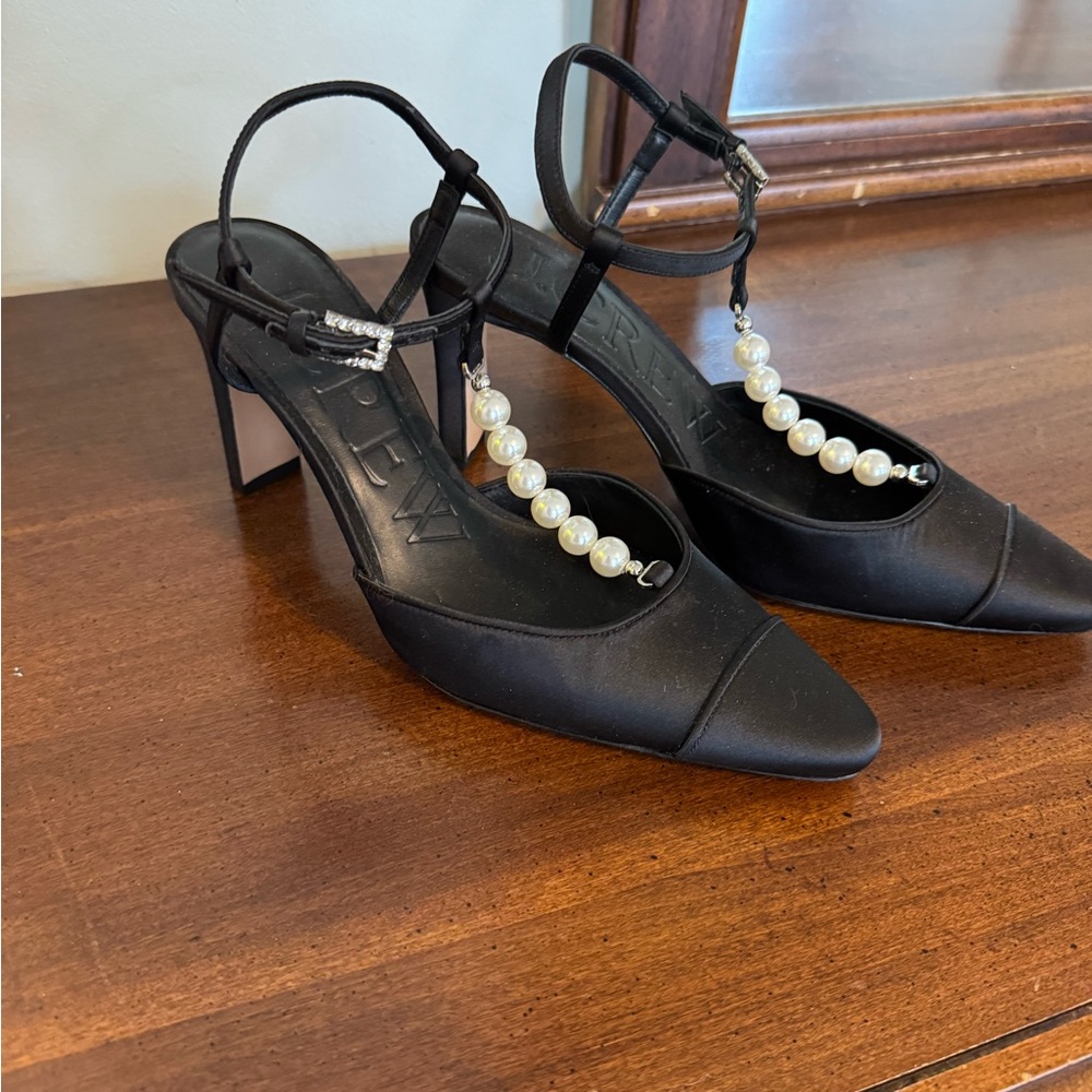 J. Crew Black Satin Pumps with Pearl T-Strap - Picture 4 of 8